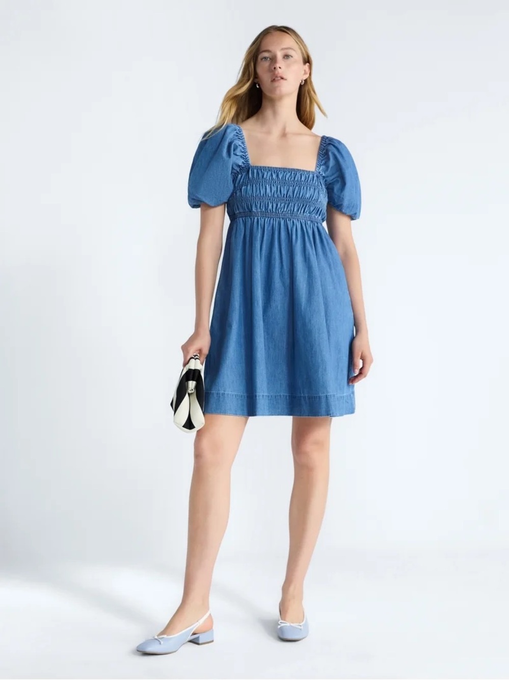 Free Assembly XL Smocked Cotton Puff Sleeve Mini Dress Denim Blue NWT Pockets